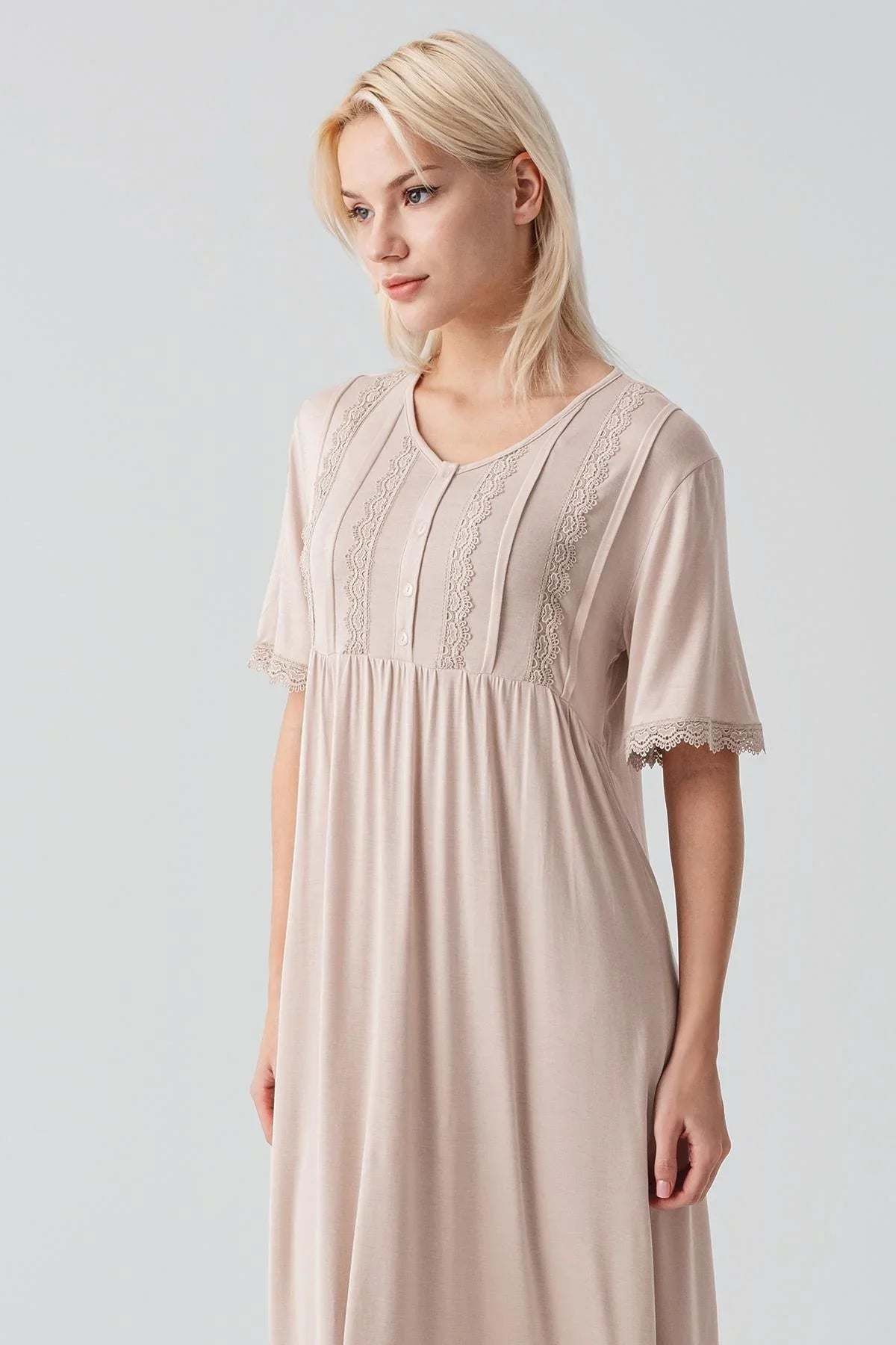 Short Sleeve Lace Long Comfortable Flexible Viscose Nightgown 19104