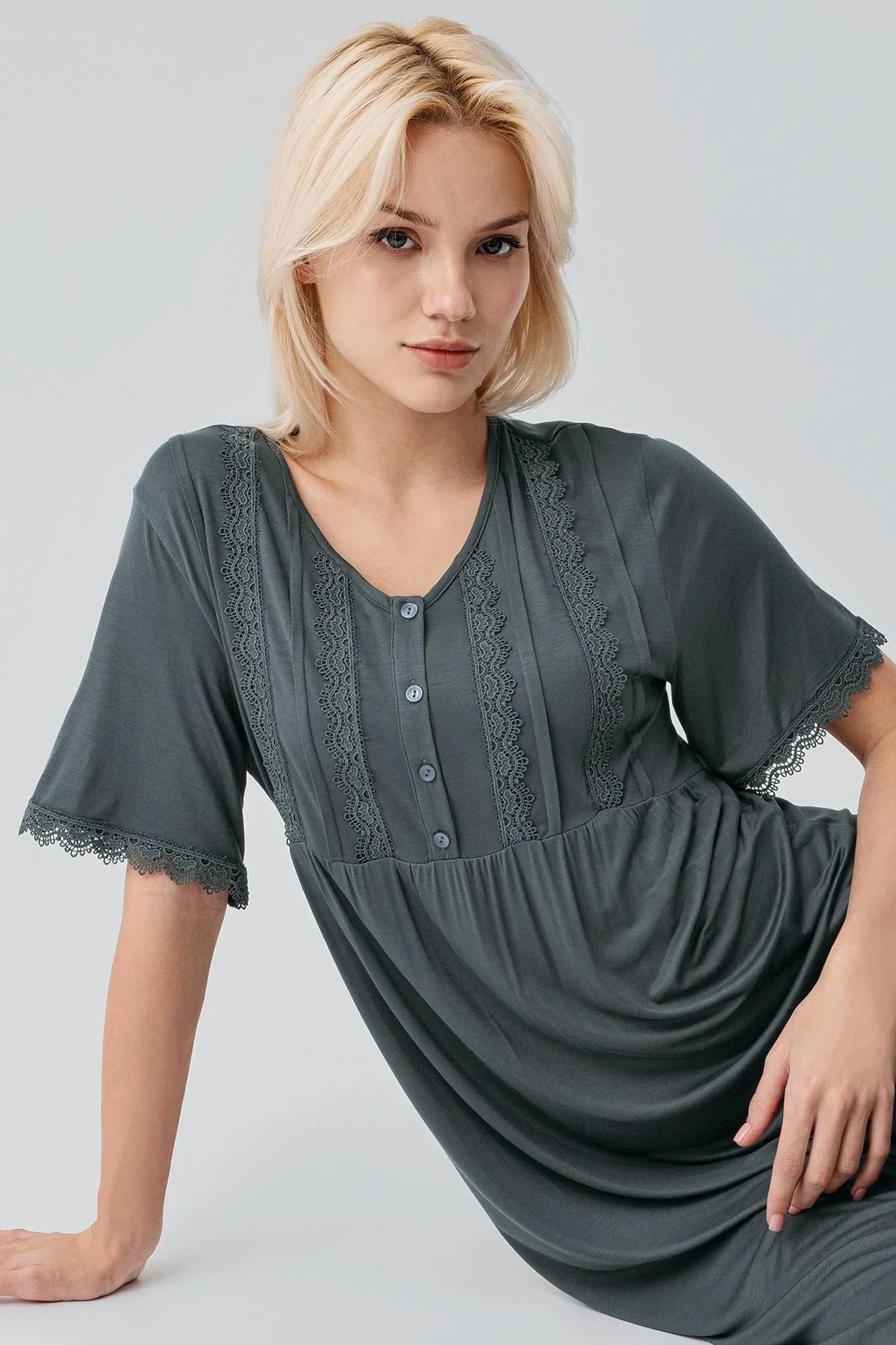 Short Sleeve Lace Long Comfortable Flexible Viscose Nightgown 19104