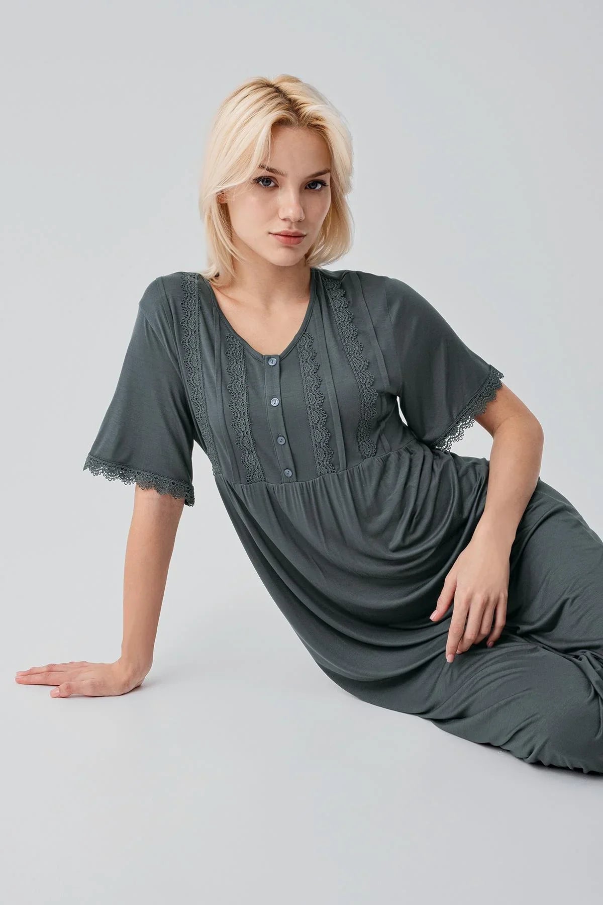 Short Sleeve Lace Long Comfortable Flexible Viscose Nightgown 19104