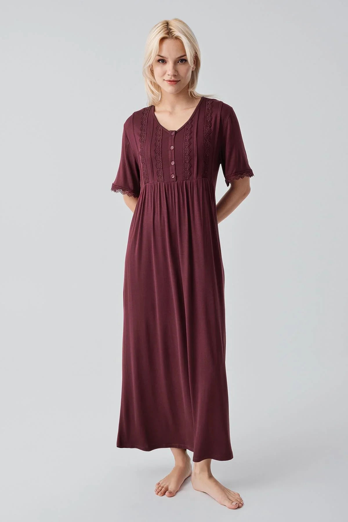 Short Sleeve Lace Long Comfortable Flexible Viscose Nightgown 19104