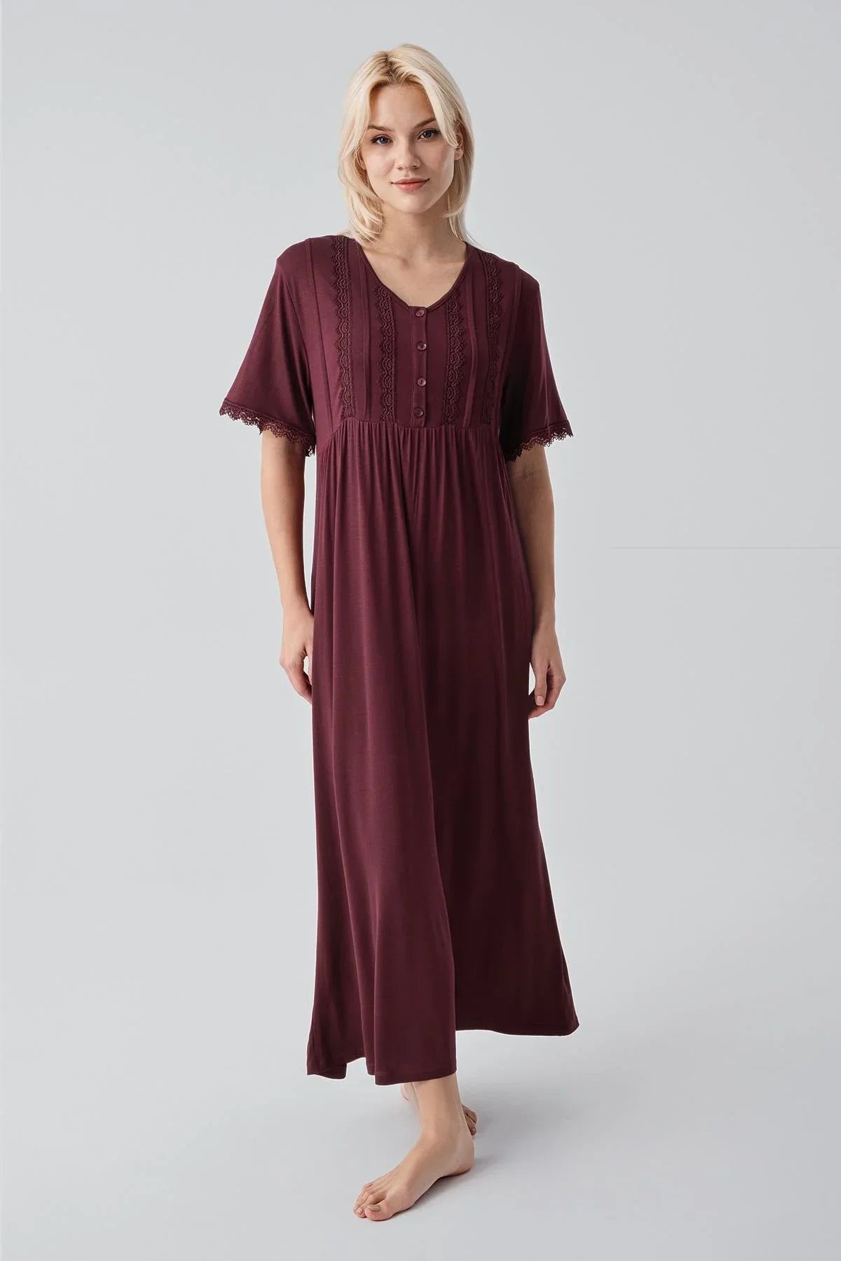 Short Sleeve Lace Long Comfortable Flexible Viscose Nightgown 19104