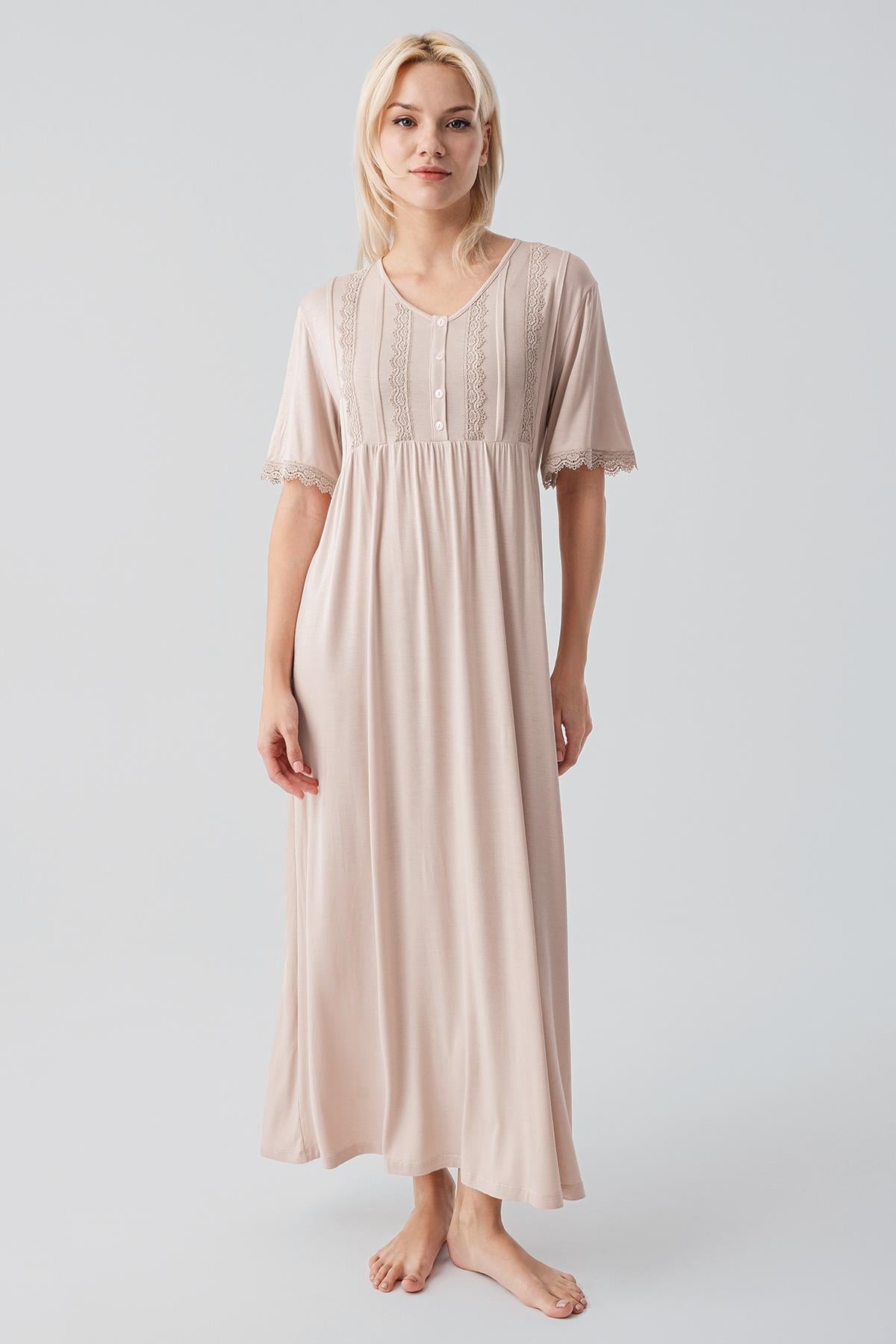 Kısa Kollu Dantelli Uzun Rahat Esnek Viskoz Gecelik 19104