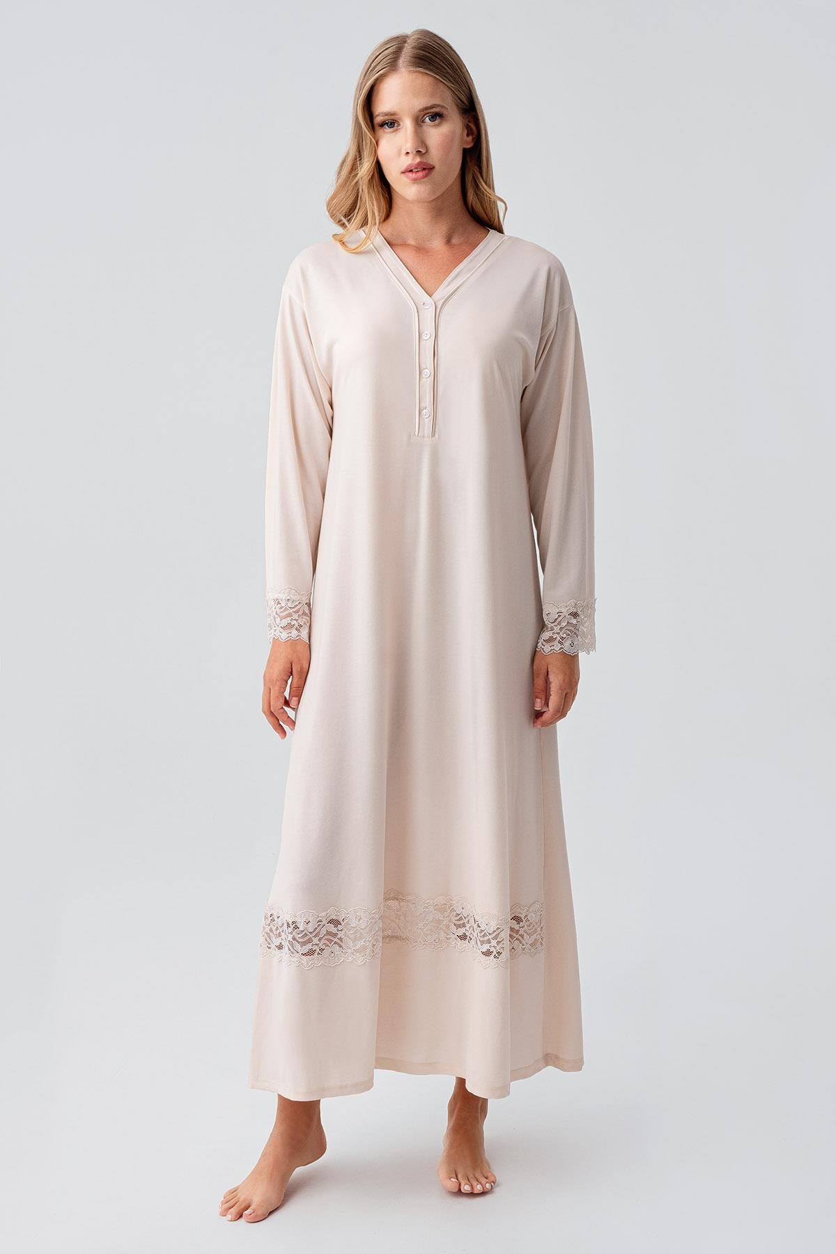 Long Sleeve Lace Buttoned Flexible Viscose Nightgown 18106