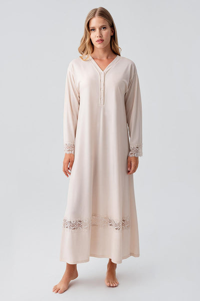 Long Sleeve Lace Buttoned Flexible Viscose Nightgown 18106