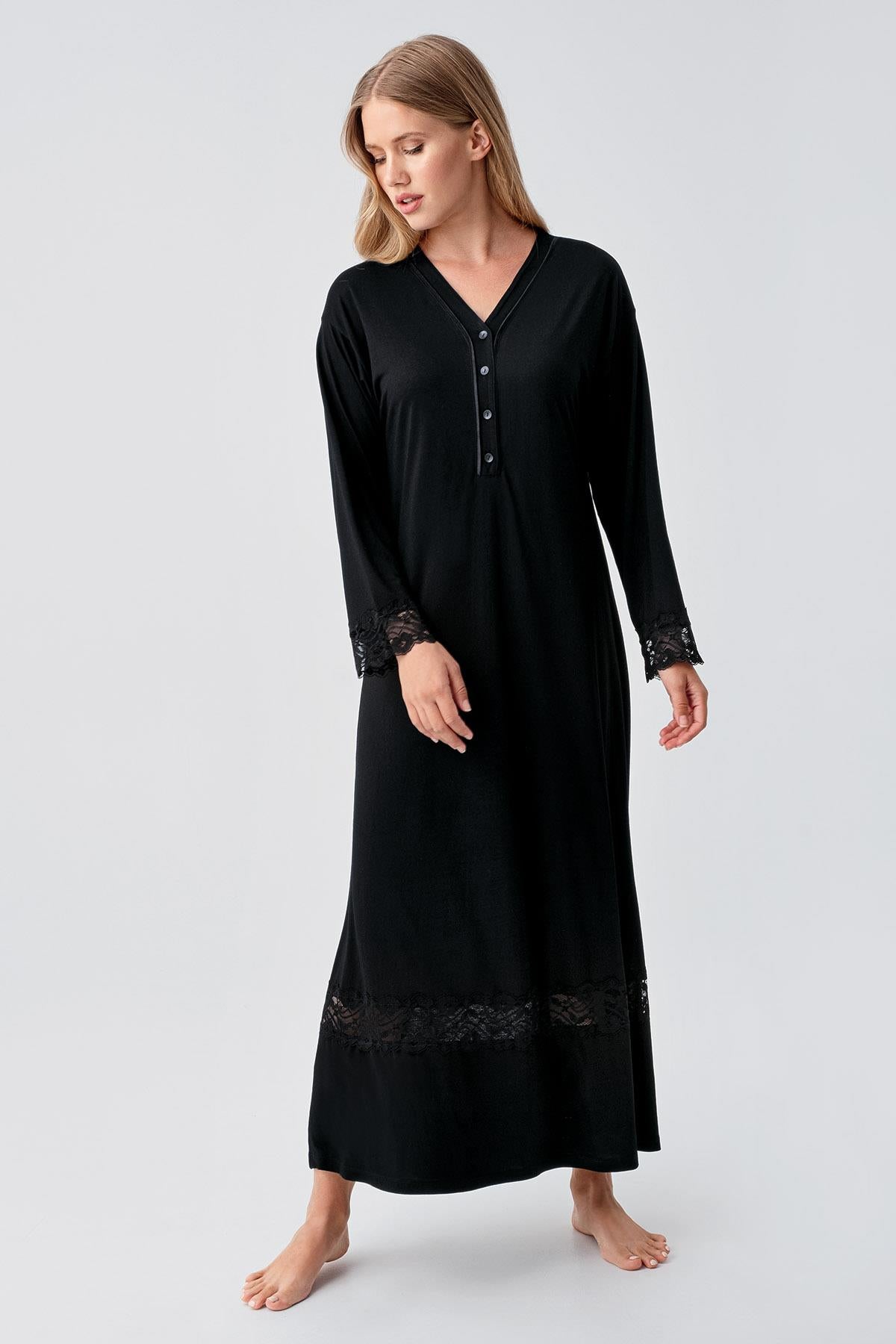 Long Sleeve Lace Buttoned Flexible Viscose Nightgown 18106