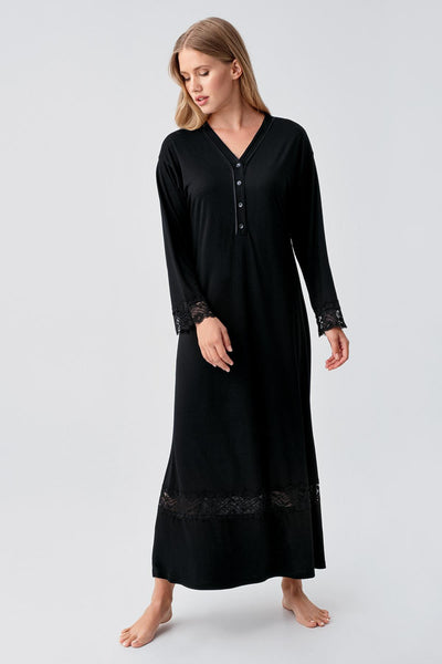 Long Sleeve Lace Buttoned Flexible Viscose Nightgown 18106