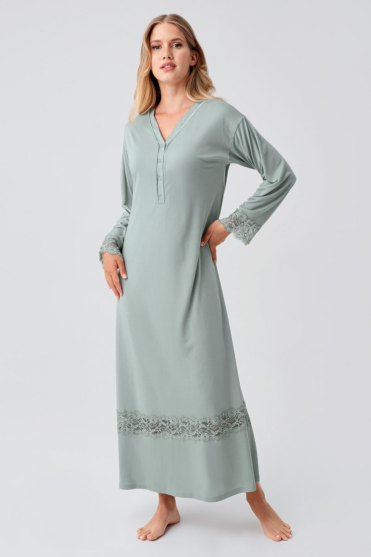 Long Sleeve Lace Buttoned Flexible Viscose Nightgown 18106