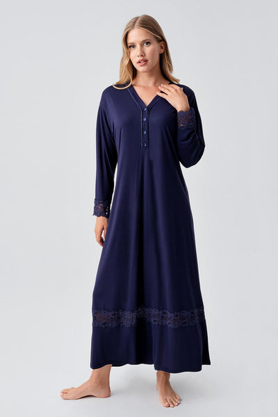 Long Sleeve Lace Buttoned Flexible Viscose Nightgown 18106
