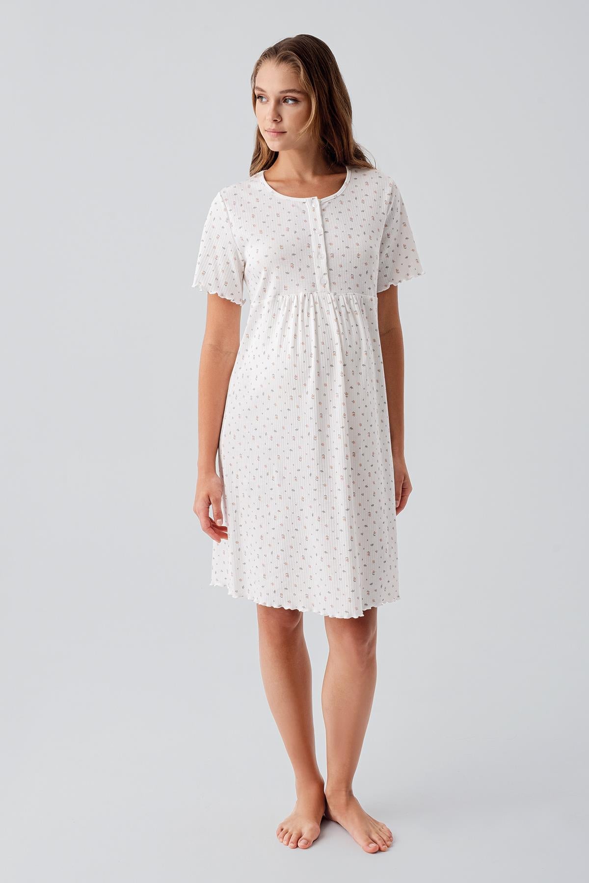 Kısa Kollu Düğmeli Çiçek Desenli Esnek Pamuklu Hamile Gecelik 19106 - Artış Collection