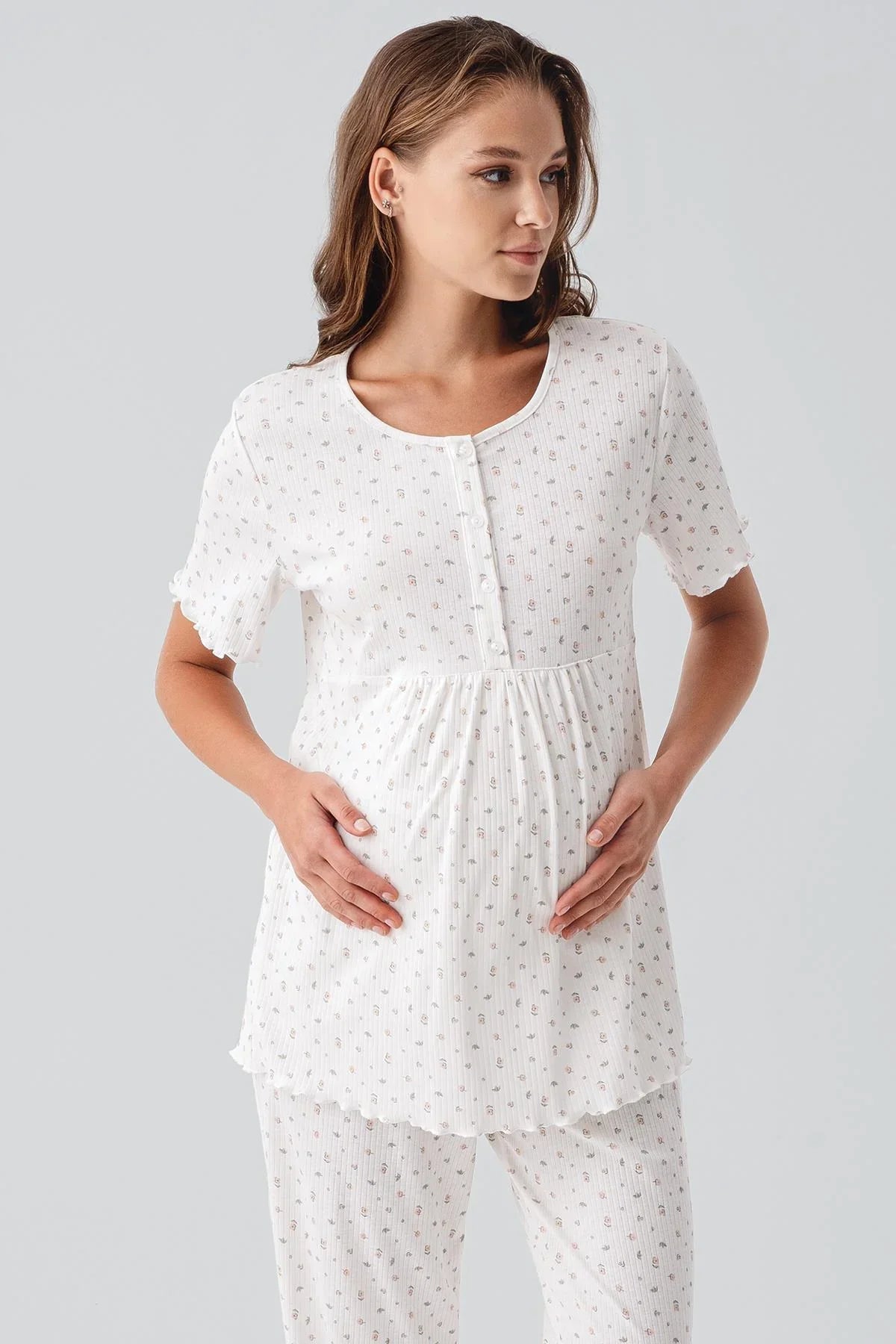 Kısa Kollu Düğmeli Çiçek Desenli %100 Pamuk Hamile Pijama Takım 19206