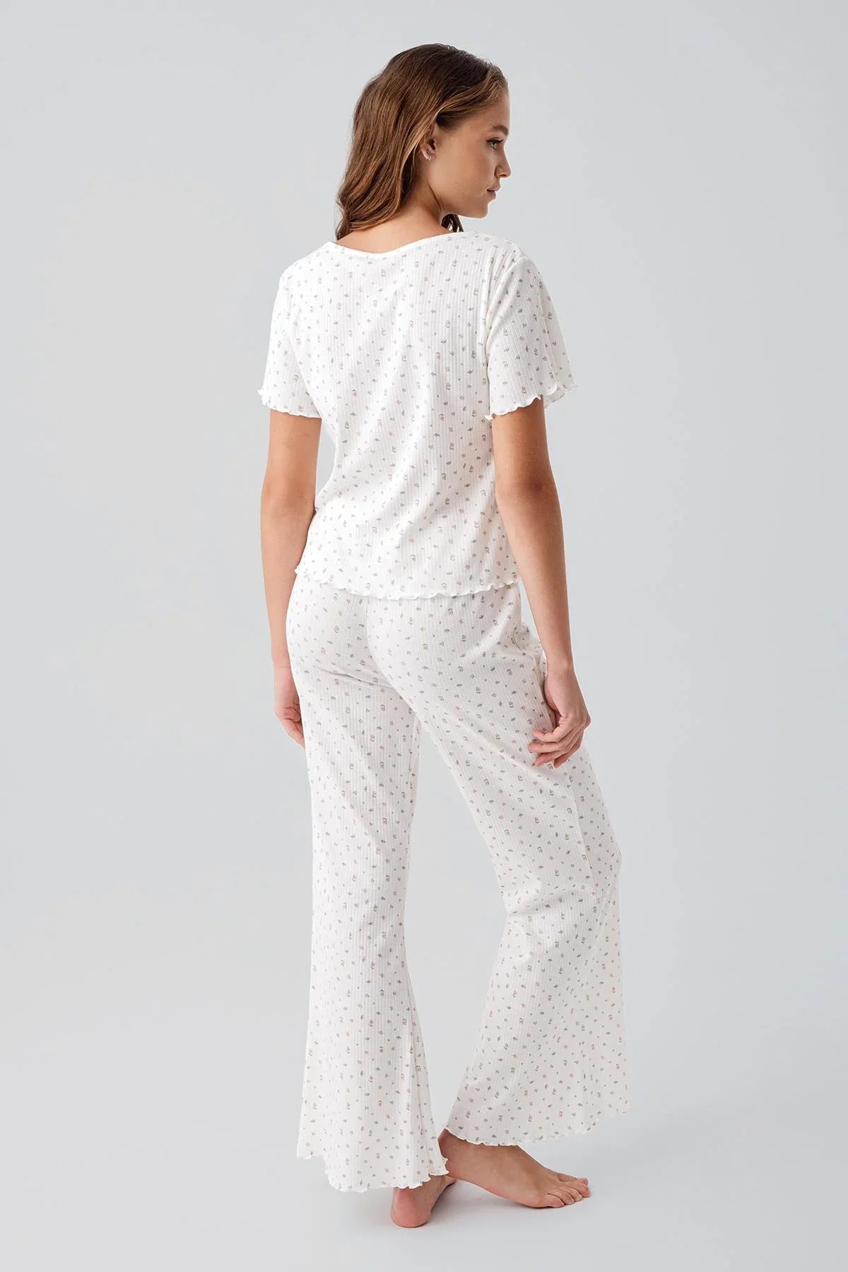 Short-Sleeved Floral Patterned 100% Cotton Pajama Set 19205