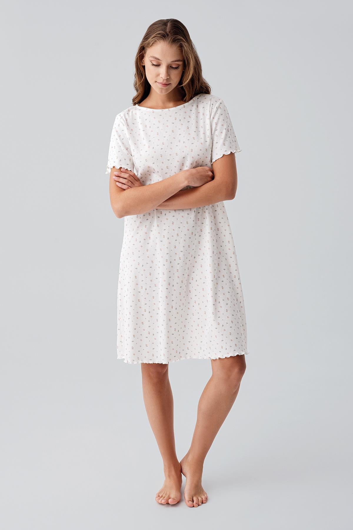 Kısa Kollu Çiçek Desenli Esnek Pamuklu Gecelik 19105 - Artış Collection