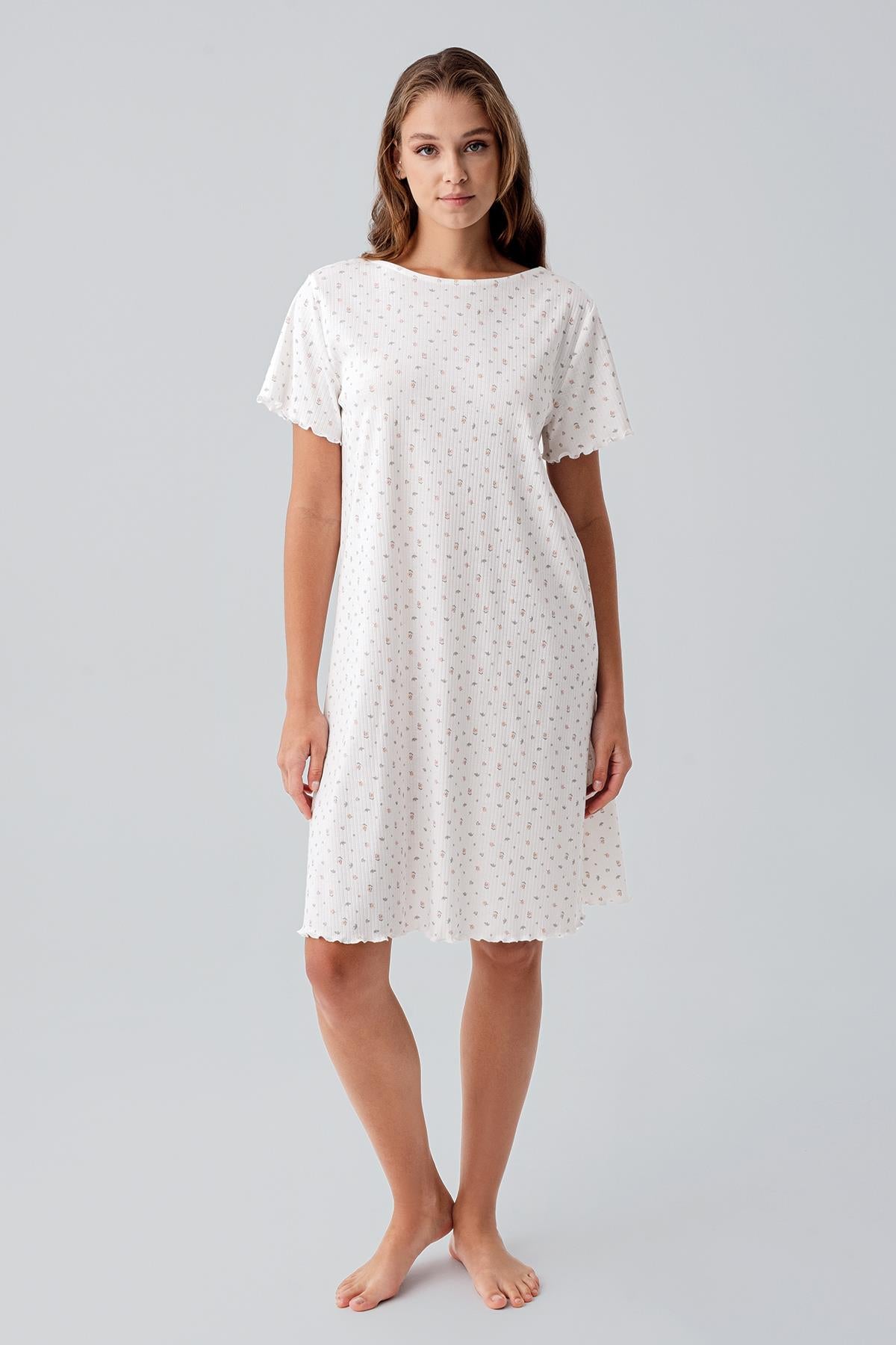 Kısa Kollu Çiçek Desenli Esnek Pamuklu Gecelik 19105 - Artış Collection