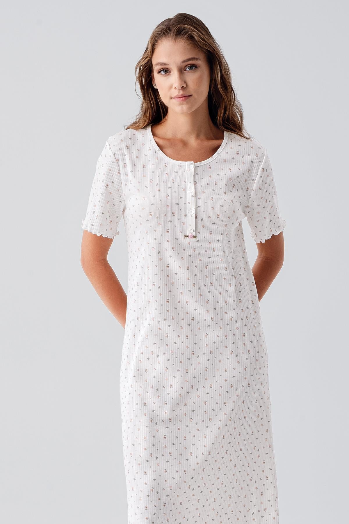 Kısa Kollu Düğmeli Çiçek Desenli Uzun Esnek Pamuklu Gecelik 19103 - Artış Collection