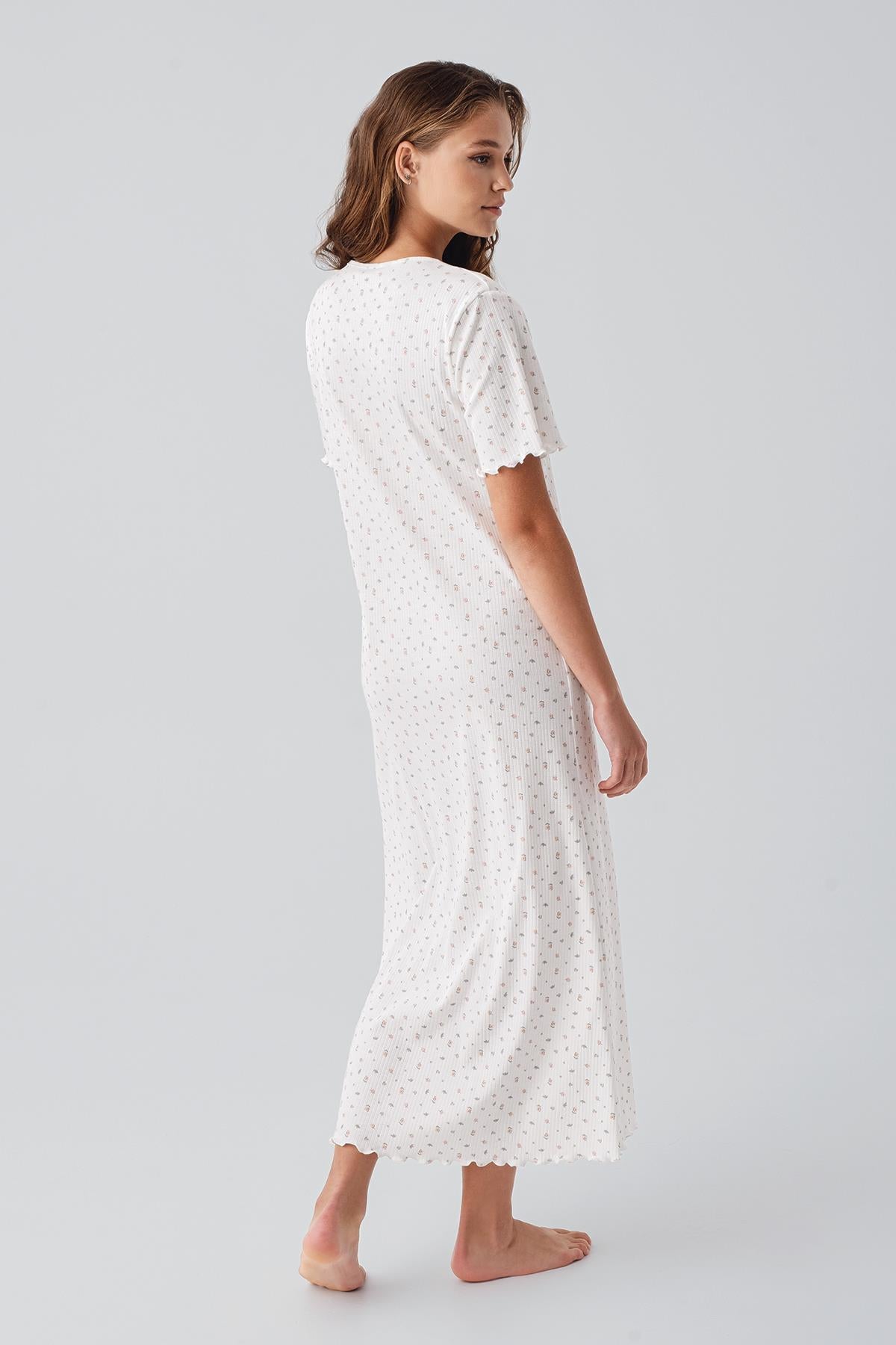 Kısa Kollu Düğmeli Çiçek Desenli Uzun Esnek Pamuklu Gecelik 19103 - Artış Collection