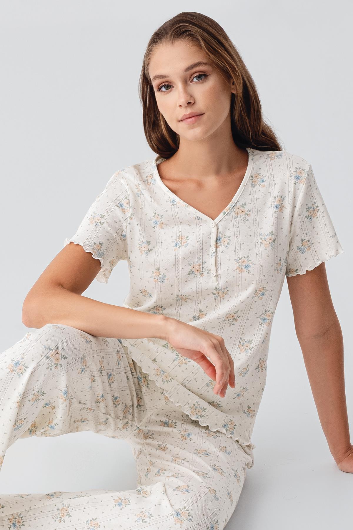 Kısa Kollu Düğmeli Çiçek Desenli Ajurlu %100 Pamuk Hamile Pijama Takım 19203