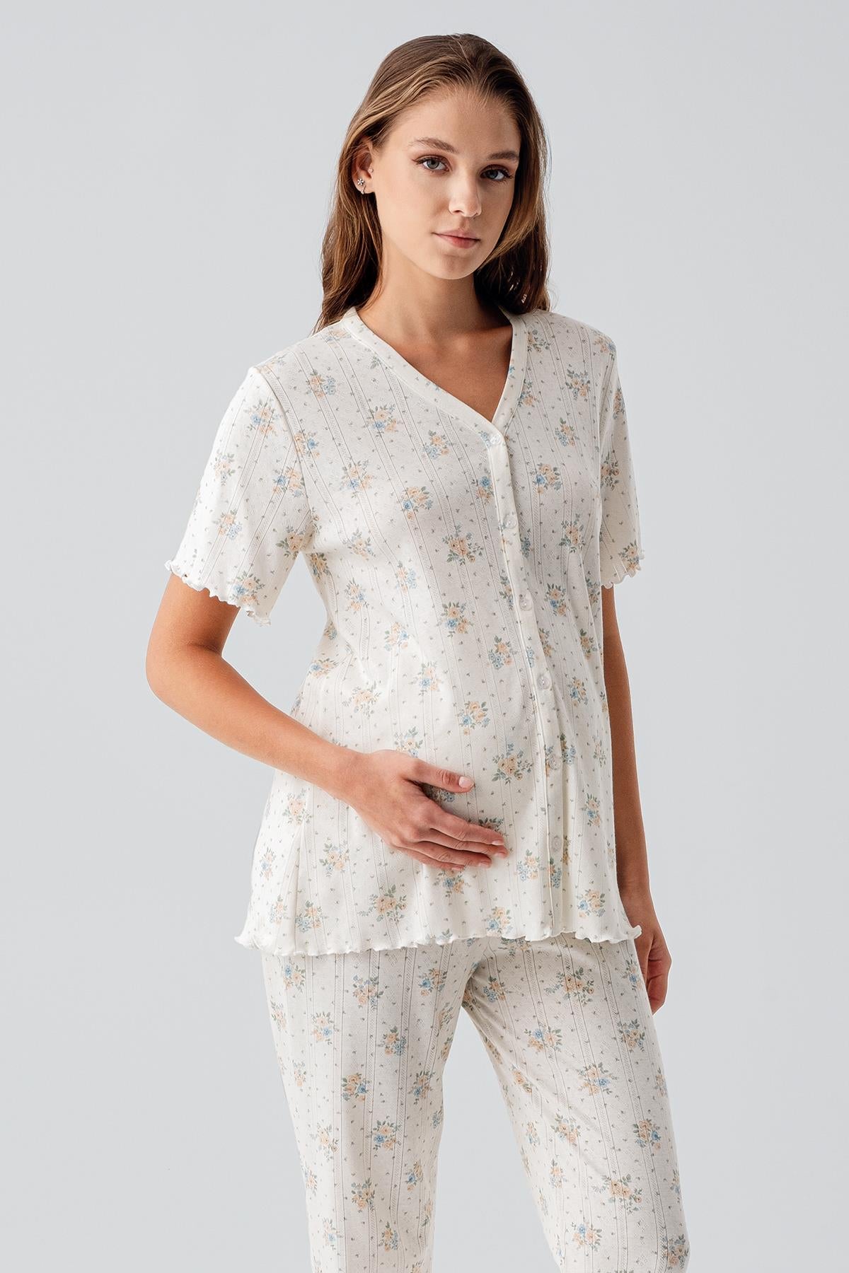 Kısa Kollu Düğmeli Çiçek Desenli Ajurlu %100 Pamuk Hamile Pijama Takım 19203