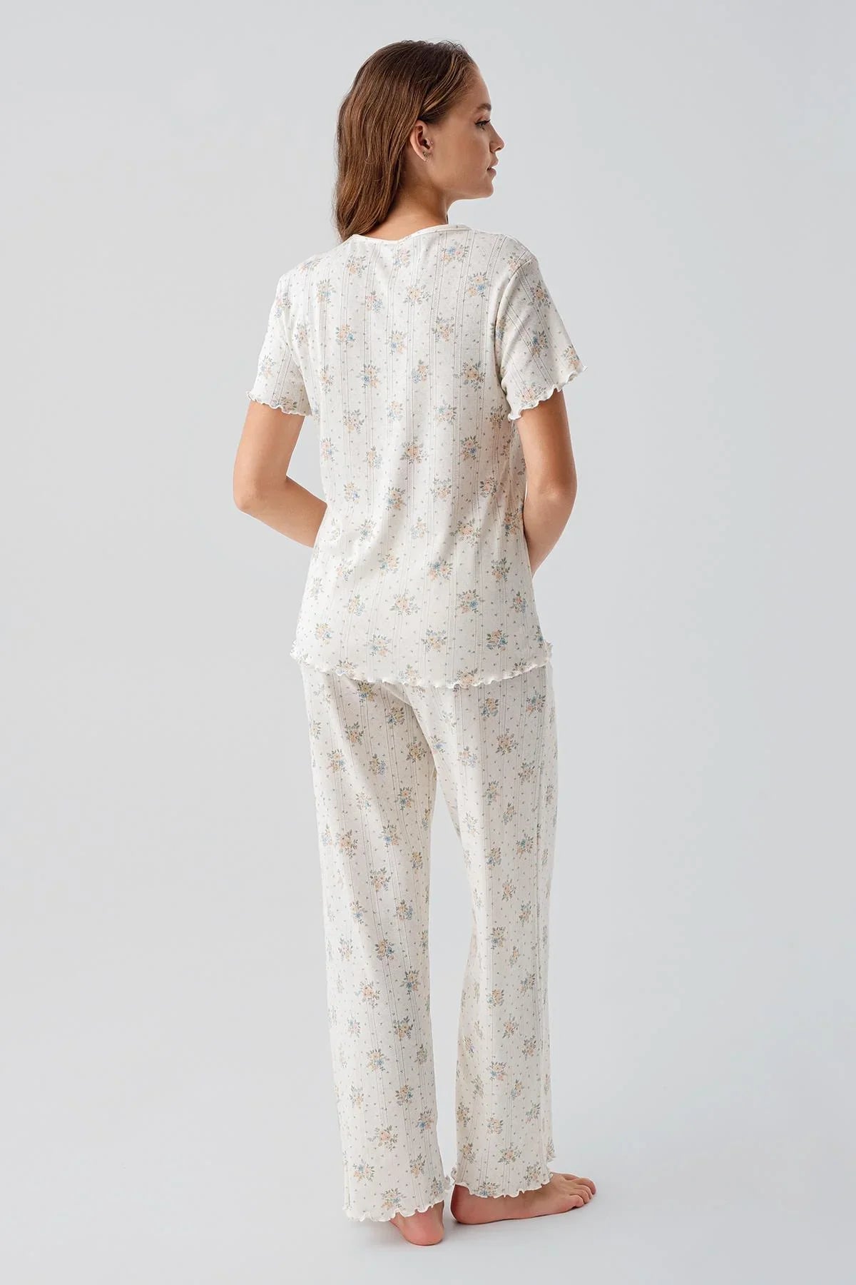 Short-sleeved floral patterned buttoned openwork 100% cotton pajama set 19202