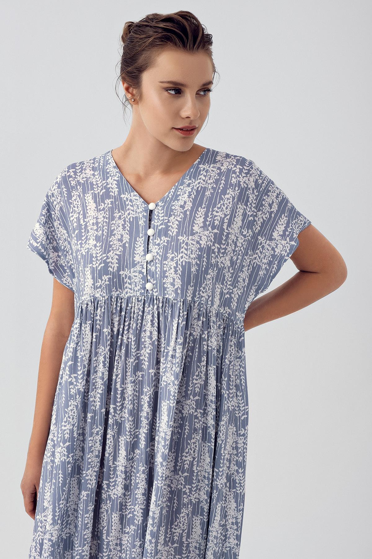 Patterned Buttoned Short Sleeved Flexible Viscose Maternity Nightgown 16105