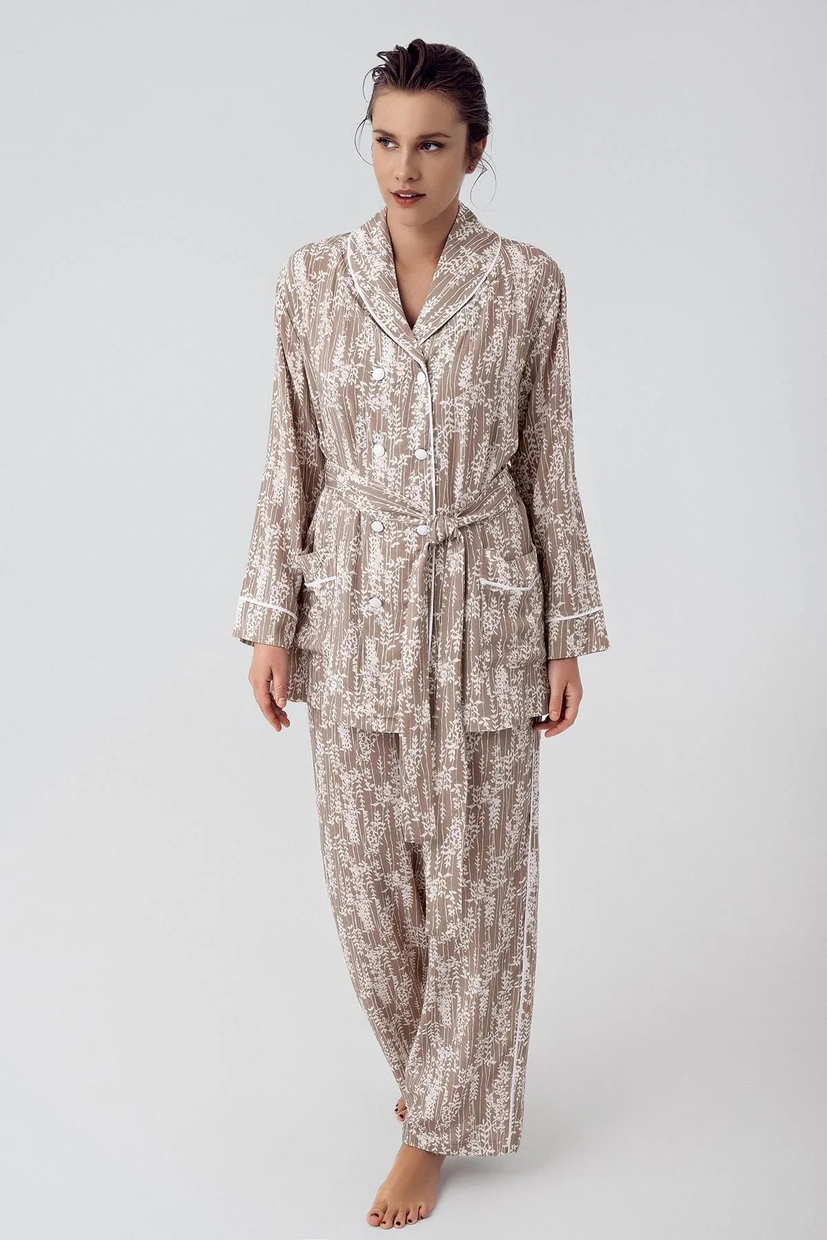 Patterned Buttoned Long Sleeve Kimono Flexible Viscose Pajama Set 16205