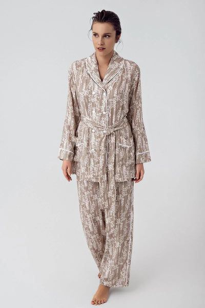 Patterned Buttoned Long Sleeve Kimono Flexible Viscose Pajama Set 16205