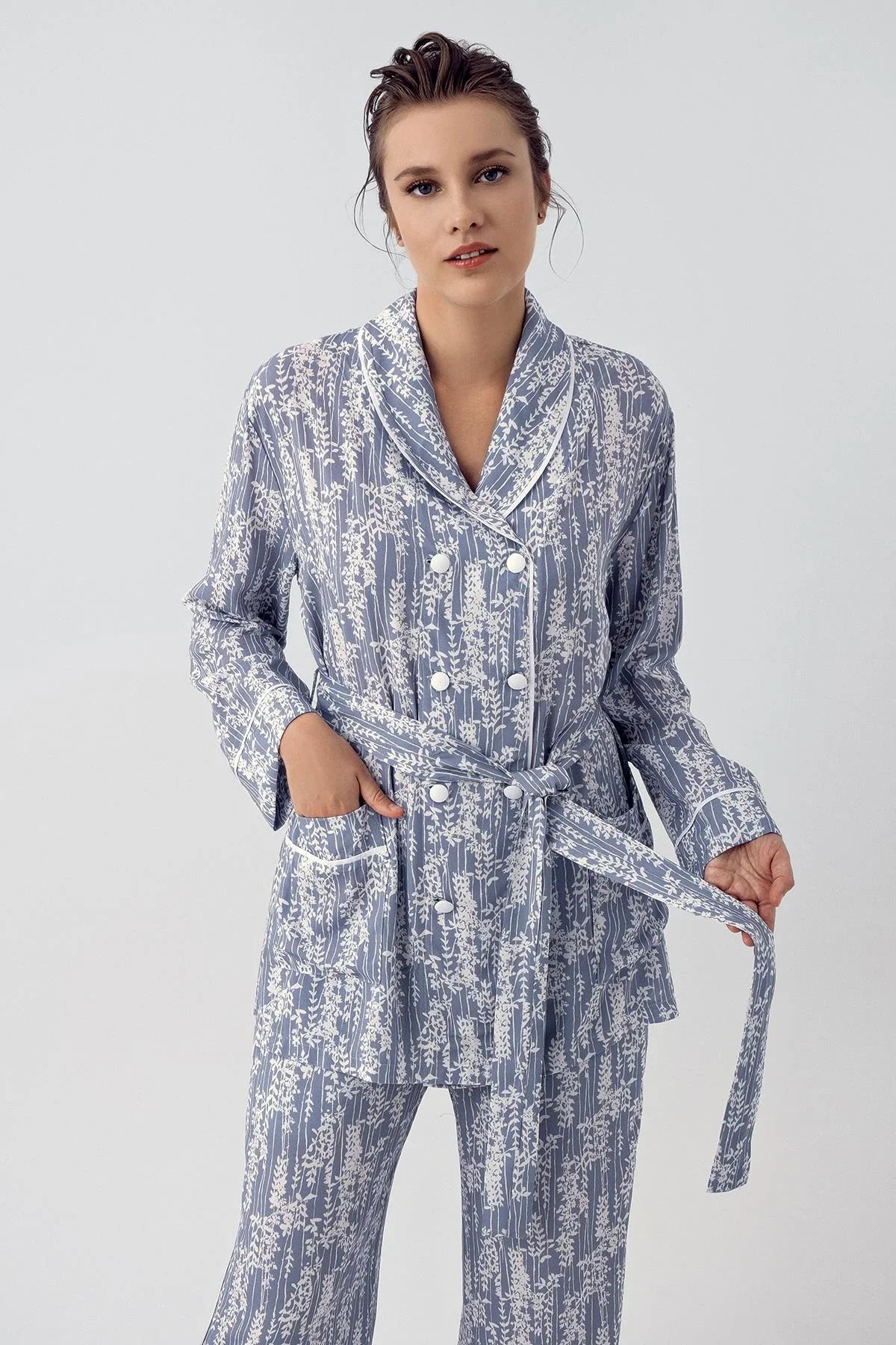 Patterned Buttoned Long Sleeve Kimono Flexible Viscose Pajama Set 16205