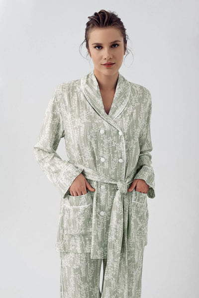 Patterned Buttoned Long Sleeve Kimono Flexible Viscose Pajama Set 16205