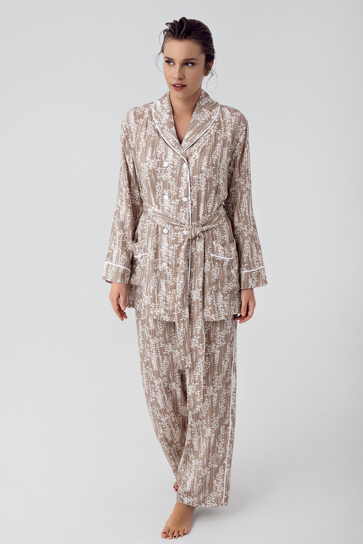 Desenli Düğmeli Uzun Kollu Kimono Esnek Viskoz Pijama Takımı 16205 - Artış Collection