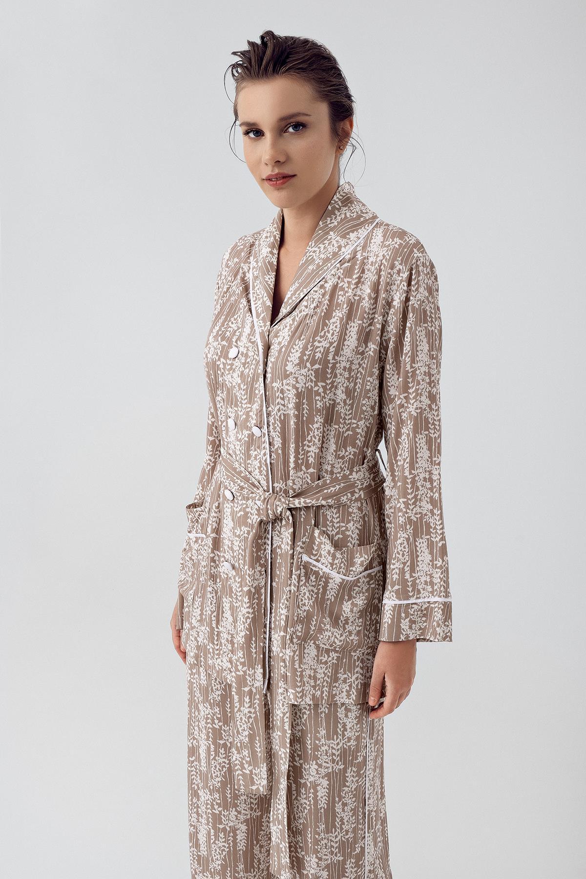 Desenli Düğmeli Uzun Kollu Kimono Esnek Viskoz Pijama Takımı 16205 - Artış Collection