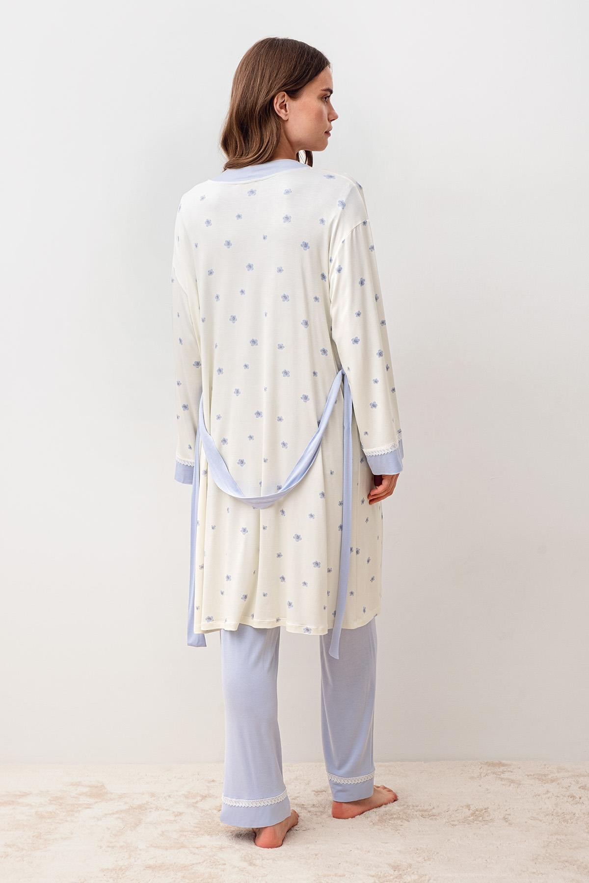 Uzun Kollu Desenli Likralı Viskoz Hamile Sabahlık Pijama Takım 20300