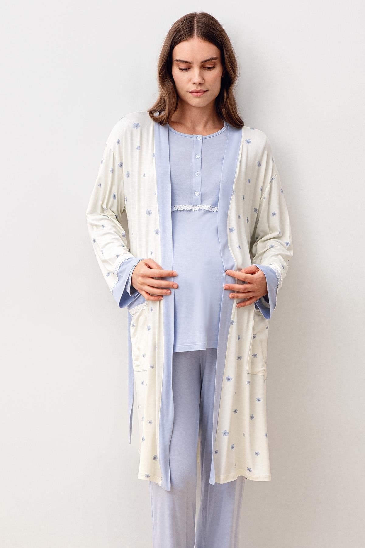 Uzun Kollu Desenli Likralı Viskoz Hamile Sabahlık Pijama Takım 20300