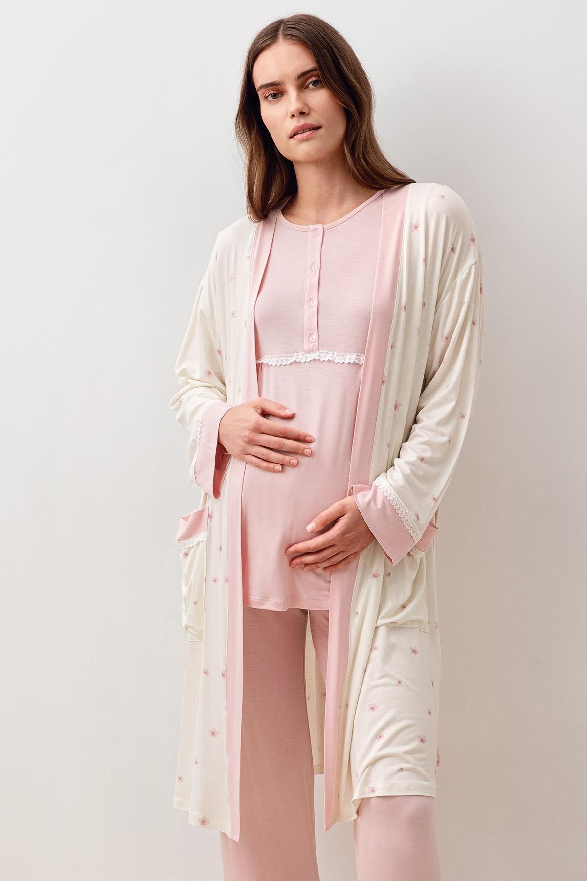 Uzun Kollu Desenli Likralı Viskoz Hamile Sabahlık Pijama Takım 20300