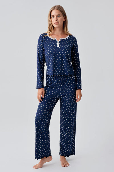 Uzun Kollu Desenli Düğmeli Esnek Pamuklu Pijama Takım 18202