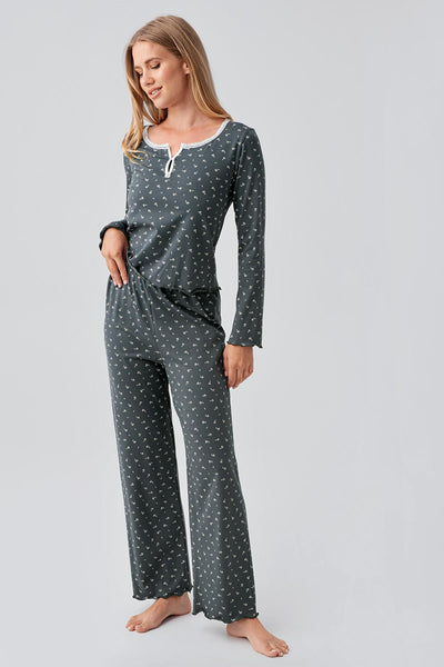 Uzun Kollu Desenli Düğmeli Esnek Pamuklu Pijama Takım 18202