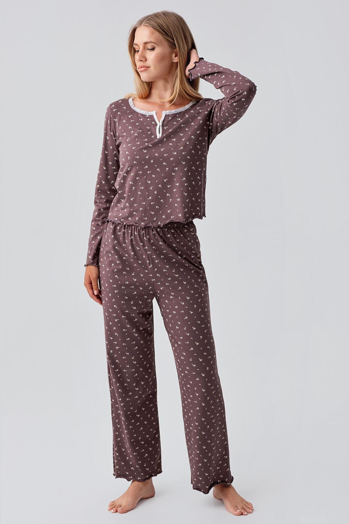 Uzun Kollu Desenli Düğmeli Esnek Pamuklu Pijama Takım 18202