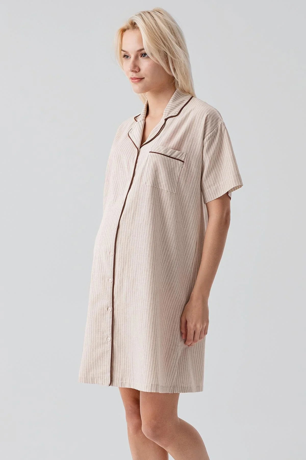Kısa Kollu Çizgili Düğmeli Dokuma %100 Pamuk Pamuk Gecelik 19108