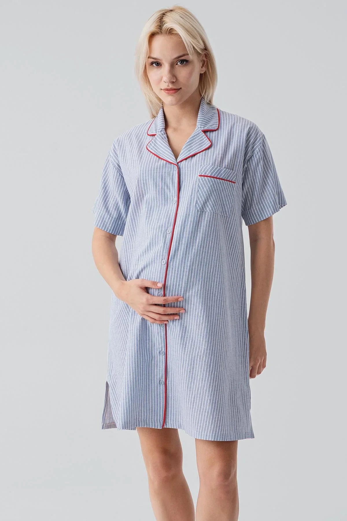 Kısa Kollu Çizgili Düğmeli Dokuma %100 Pamuk Pamuk Gecelik 19108