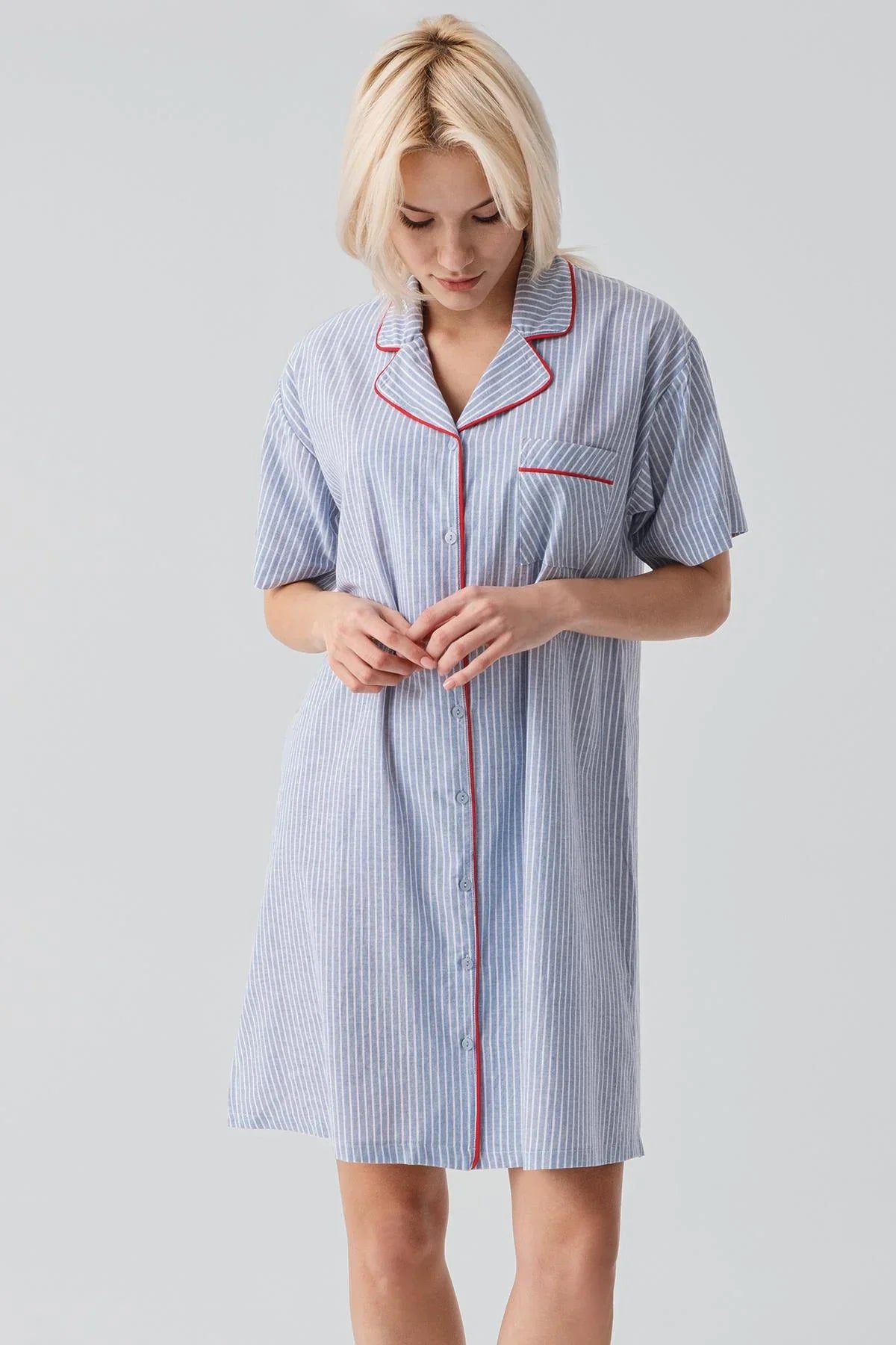 Kısa Kollu Çizgili Düğmeli Dokuma %100 Pamuk Pamuk Gecelik 19108