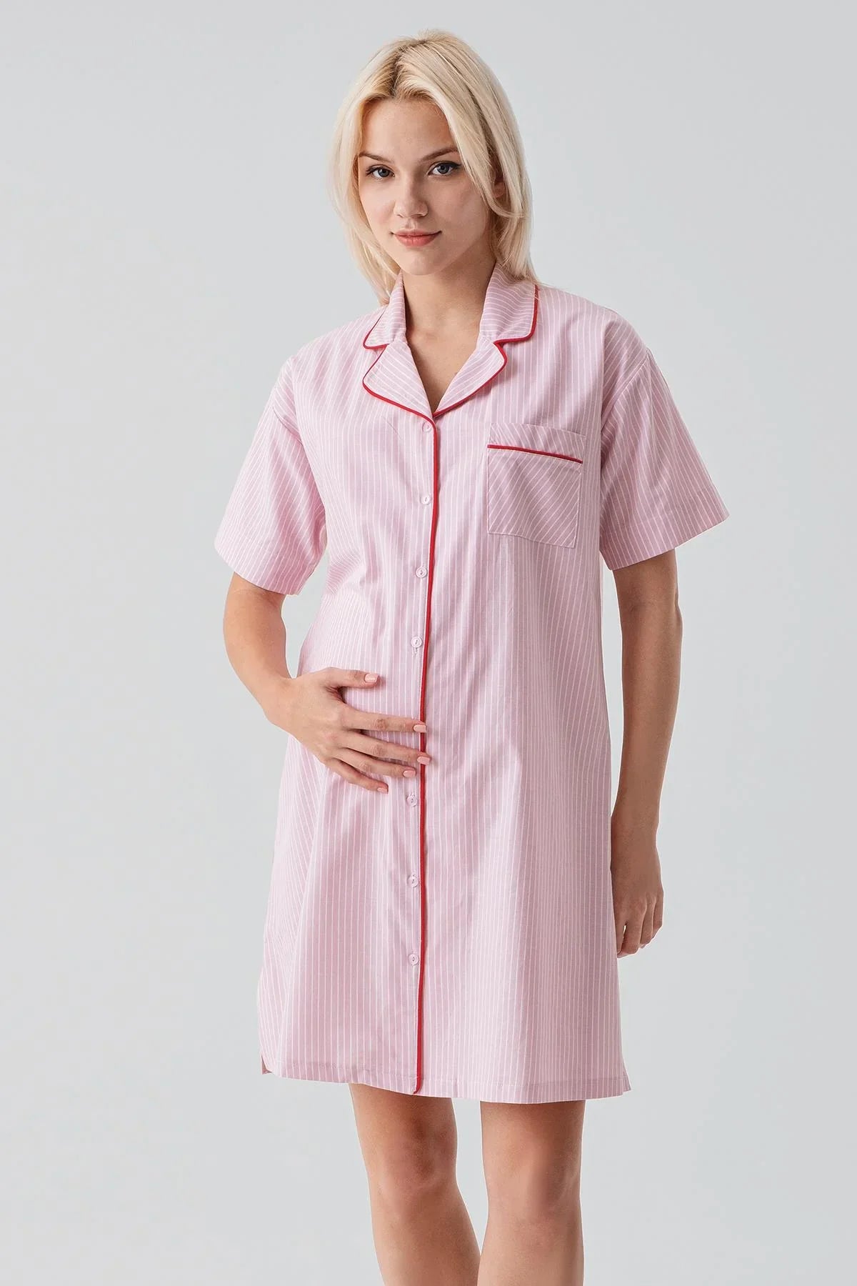 Short Sleeve Striped Buttoned Woven 100% Cotton Nightgown 19108