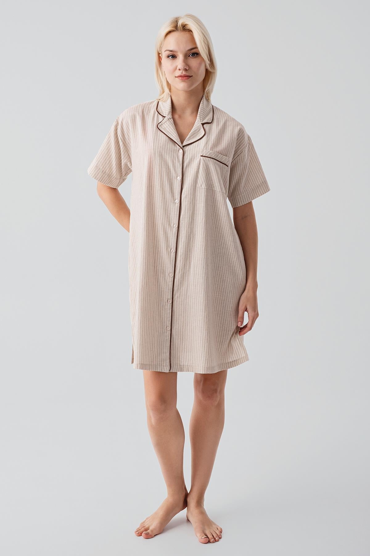 Kısa Kollu Çizgili Düğmeli Dokuma %100 Pamuk Pamuk Gecelik