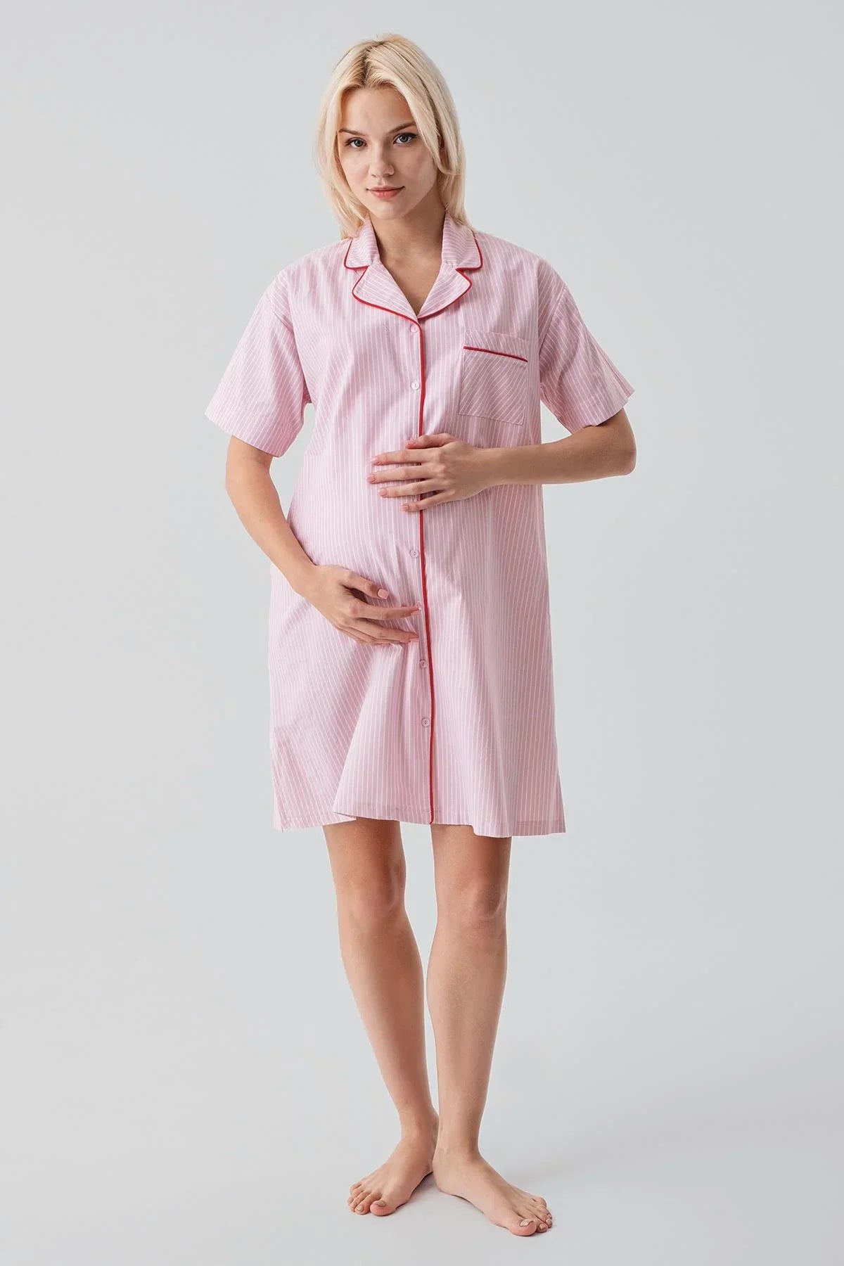 Kısa Kollu Çizgili Düğmeli Dokuma %100 Pamuk Pamuk Gecelik 19108
