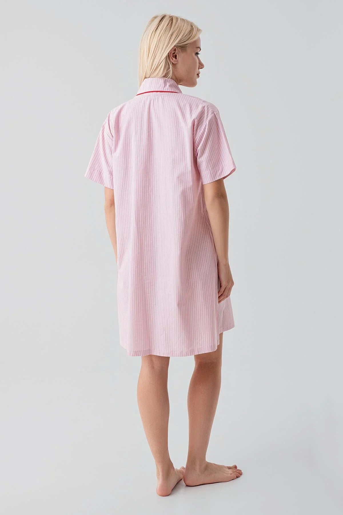 Kısa Kollu Çizgili Düğmeli Dokuma %100 Pamuk Pamuk Gecelik 19108