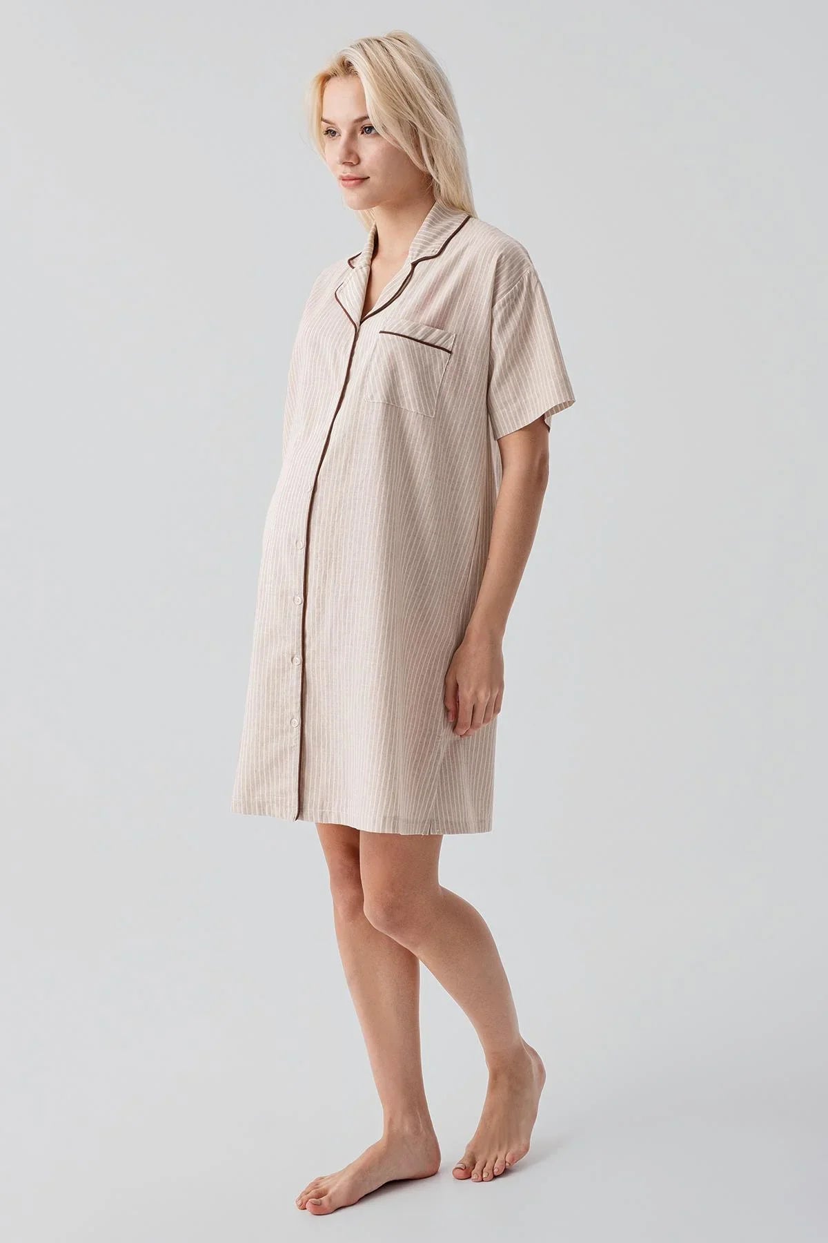 Kısa Kollu Çizgili Düğmeli Dokuma %100 Pamuk Pamuk Gecelik 19108
