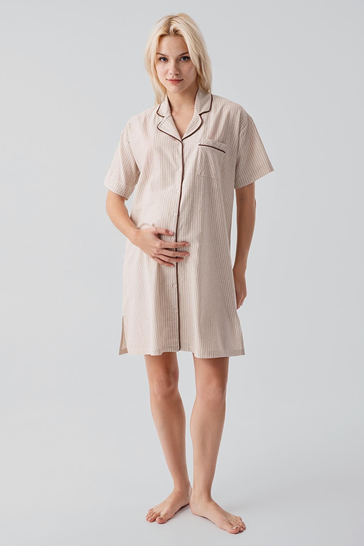 Kısa Kollu Çizgili Düğmeli Dokuma %100 Pamuk Pamuk Gecelik