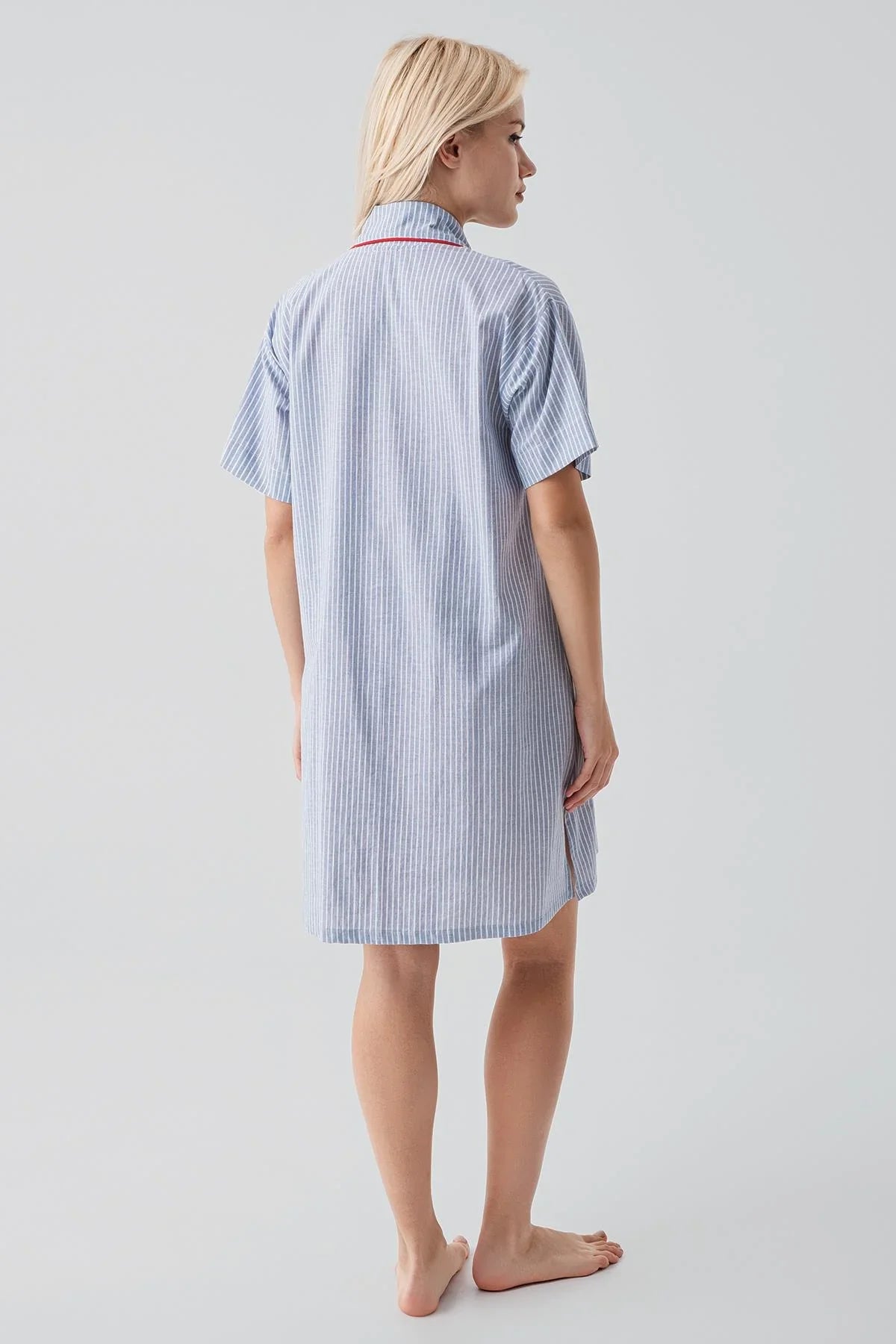 Short Sleeve Striped Buttoned Woven 100% Cotton Nightgown 19108
