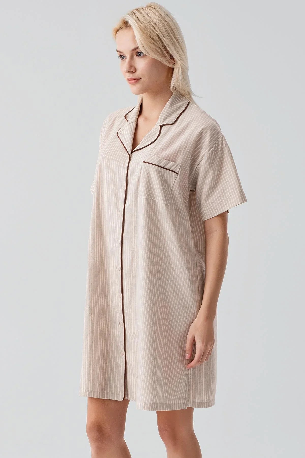 Kısa Kollu Çizgili Düğmeli Dokuma %100 Pamuk Pamuk Gecelik 19108