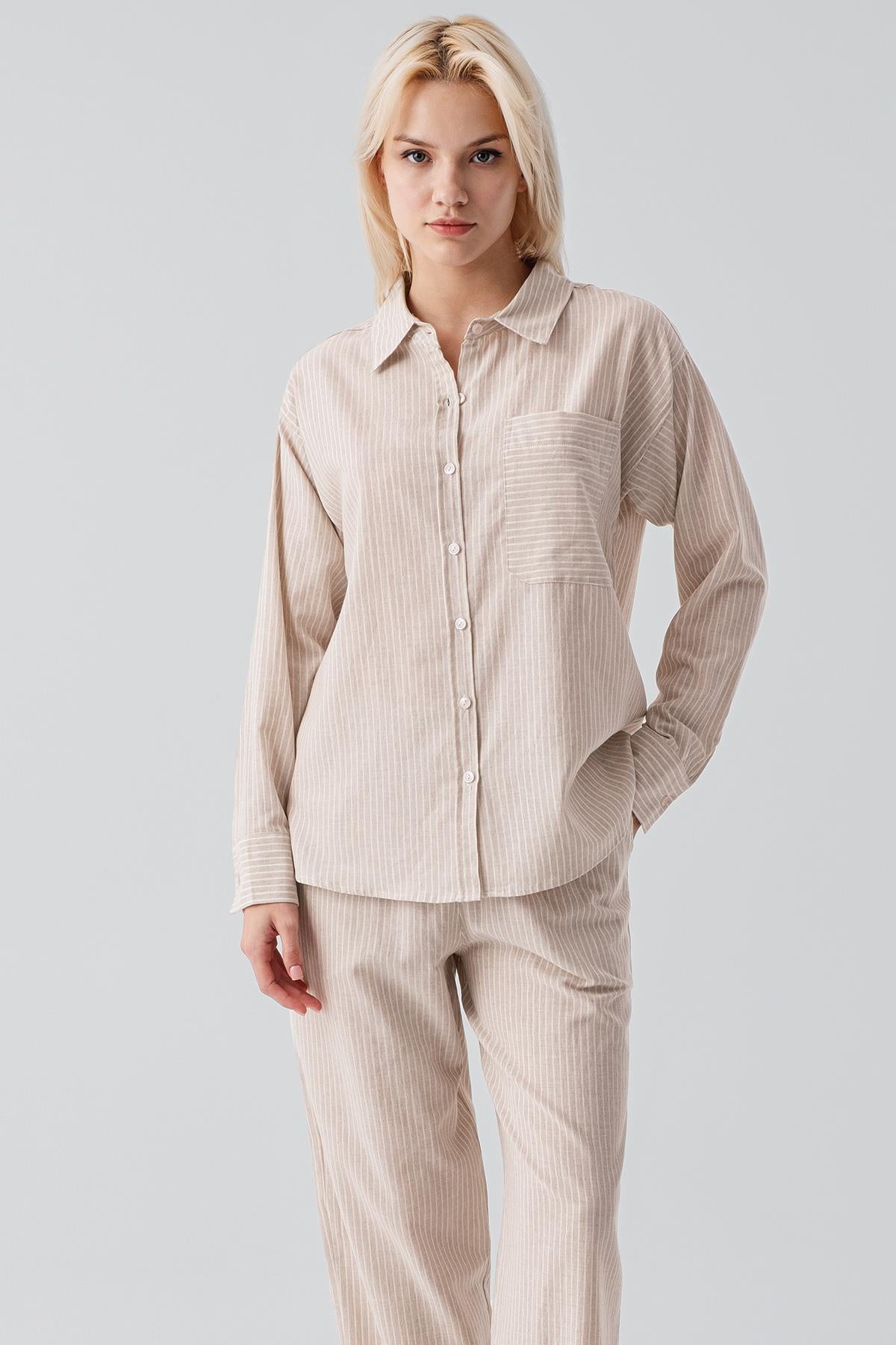 Uzun Kollu Çizgili Düğmeli Dokuma %100 Pamuk Pijama Takım 19209