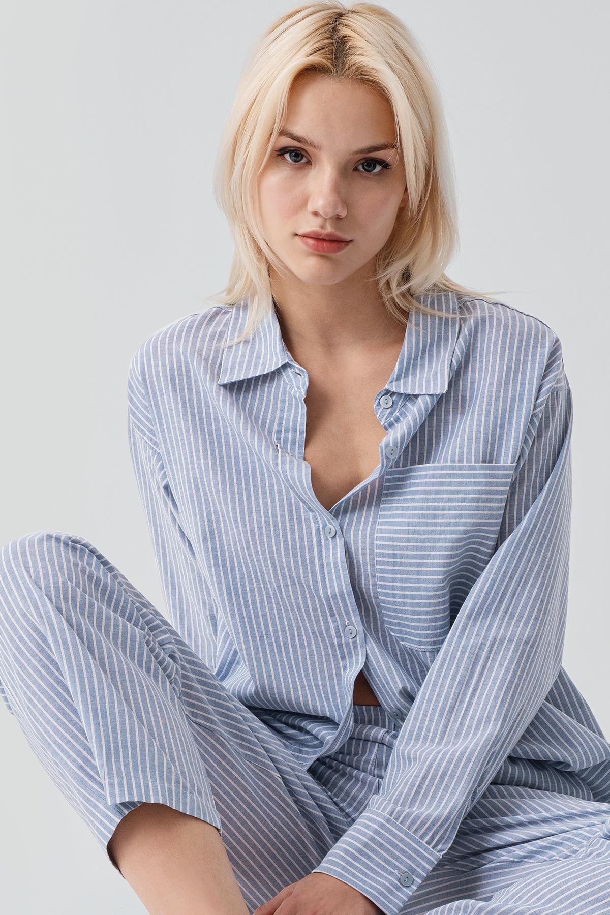 Uzun Kollu Çizgili Düğmeli Dokuma %100 Pamuk Pijama Takım 19209