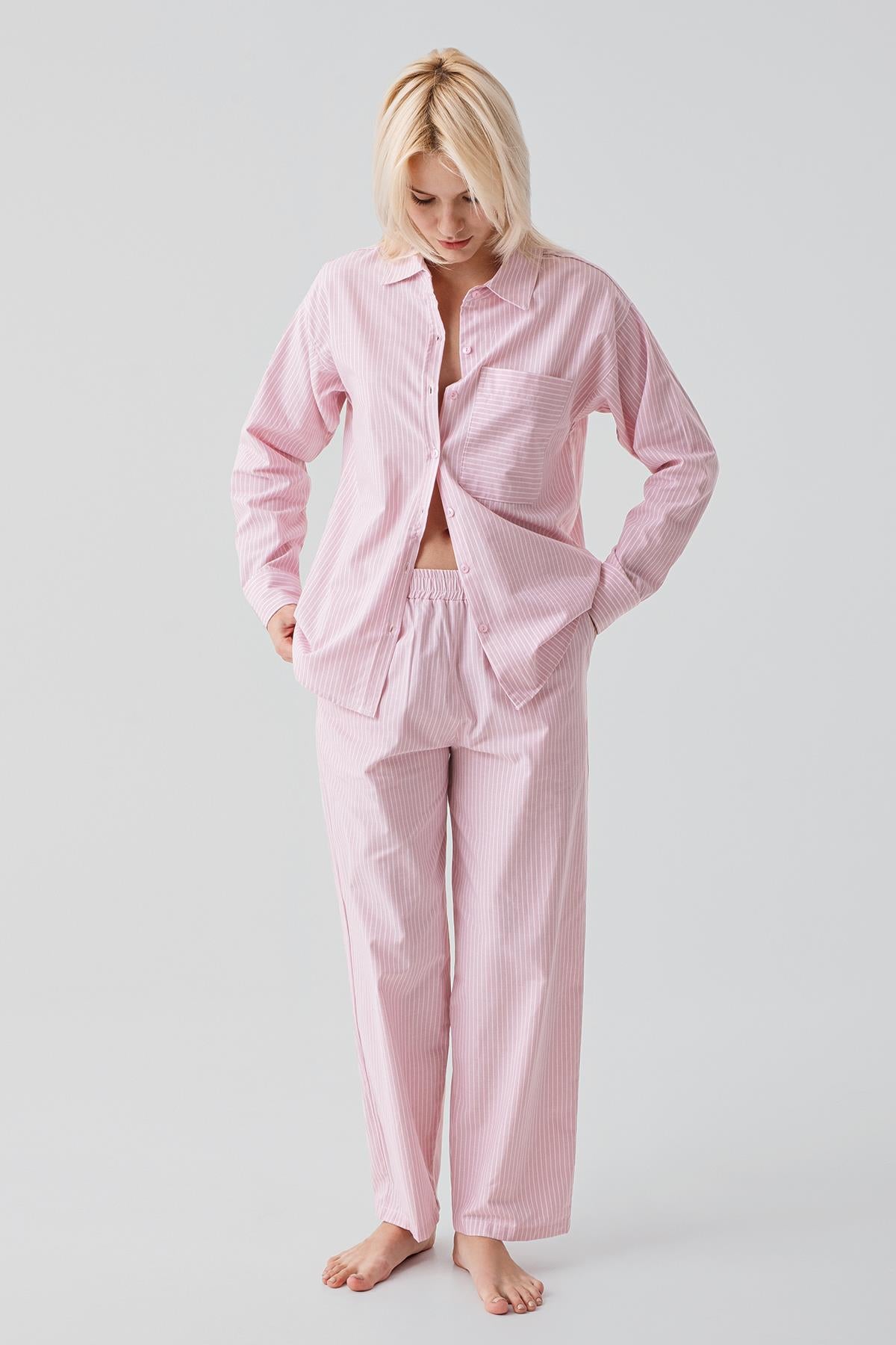 Uzun Kollu Çizgili Düğmeli Dokuma %100 Pamuk Pijama Takım 19209