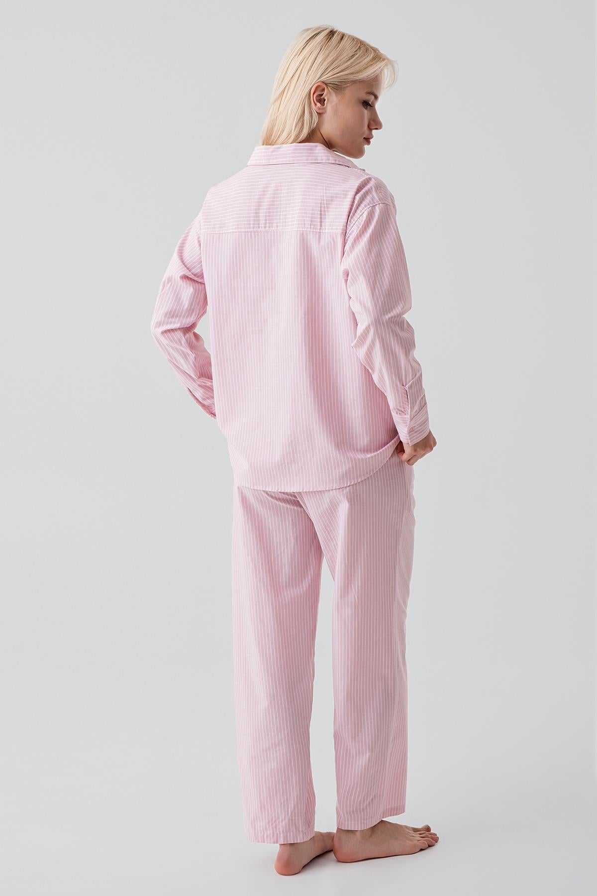Uzun Kollu Çizgili Düğmeli Dokuma %100 Pamuk Pijama Takım 19209